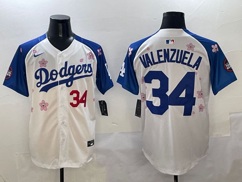 Men Los Angeles Dodgers #34 Valenzuela White Blue Sakura Edition 2025 Nike MLB Jersey style 4->los angeles dodgers->MLB Jersey